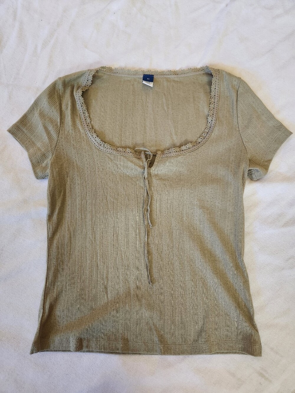 Old Navy Ribbed Pointelle Lace Trim Tie Front Top XS Sage Green